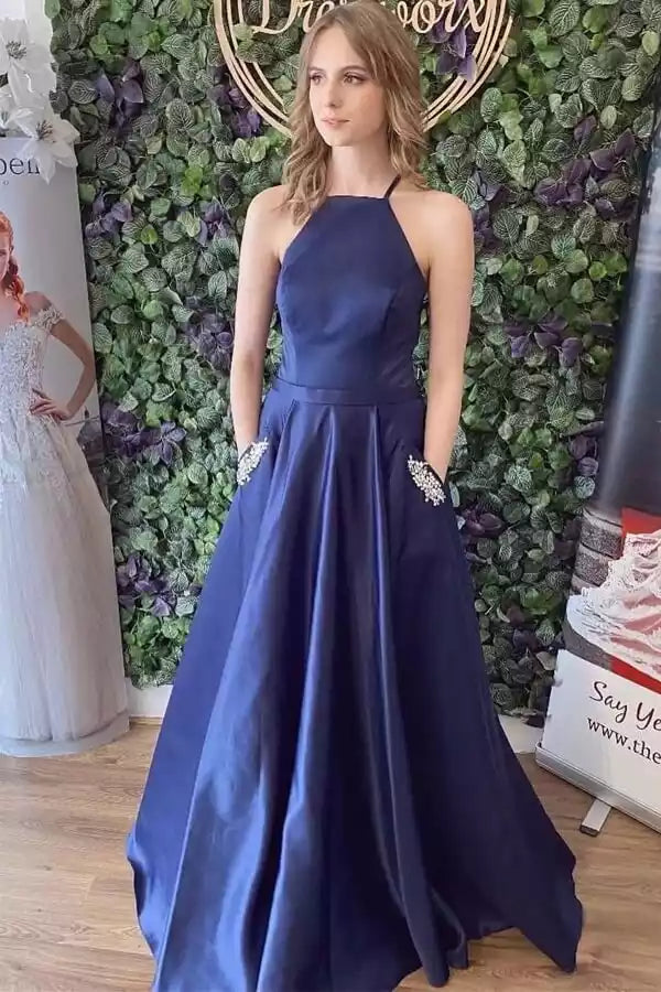 Sophisticated Navy Blue Satin Ballgown with Halter Neck & Beaded Pockets