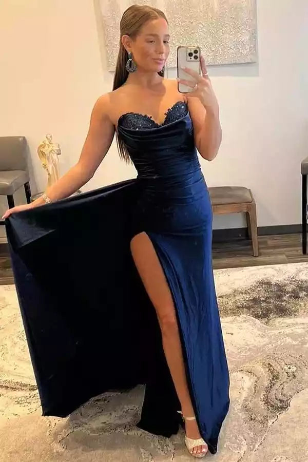 Sophisticated Navy Blue Satin Gown with Strapless Sequin Bodice & High Slit