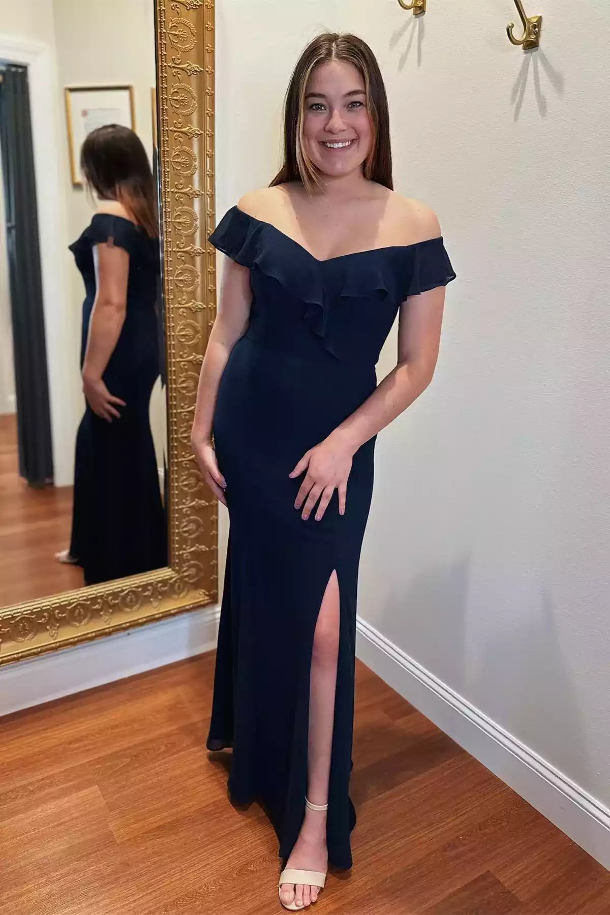Sophisticated Navy Mermaid Gown with Off-the-Shoulder Ruffled Neckline