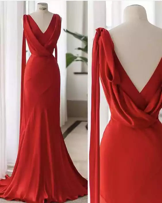 Sophisticated Red Satin Mermaid Gown with Draped Bodice & Open Back