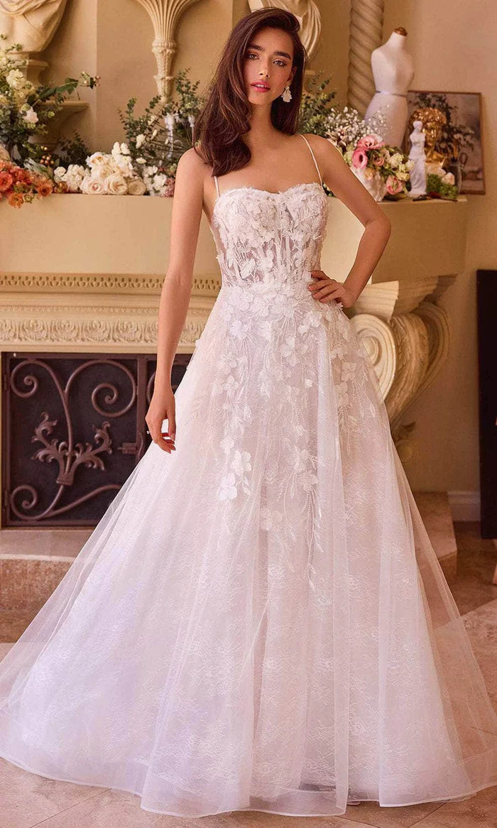 Spaghetti Strap 3D Floral Embellished Bridal Gown Wedding Dresses