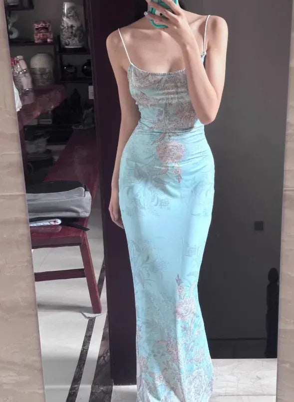 Spaghetti Strap Bodycon Evening Dress with Oriental Print