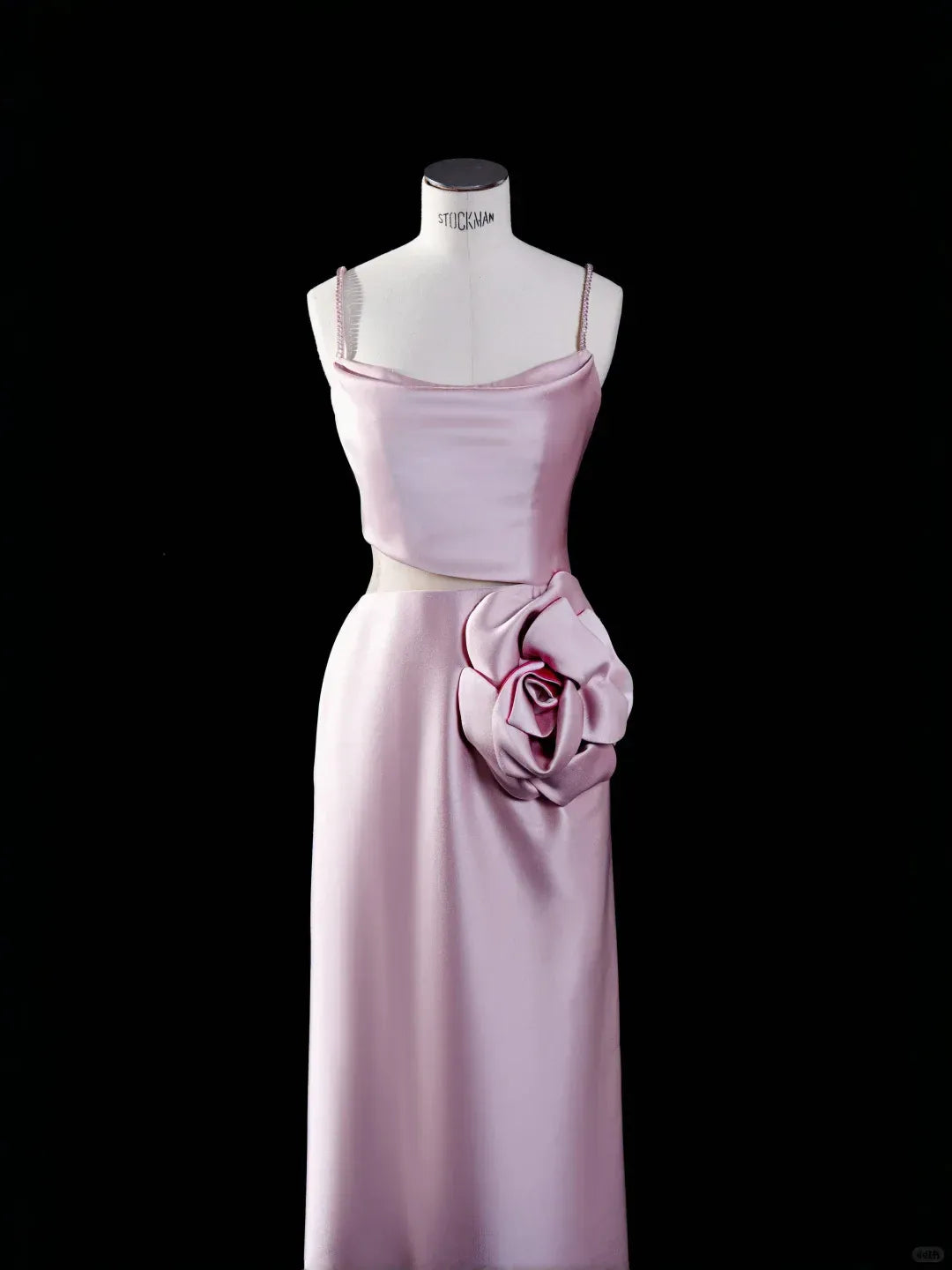 Spaghetti Strap Cowl Neck Evening Dress with 3D Floral Waist Accent & Maxi Length