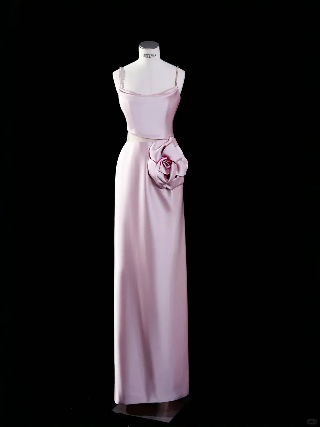Spaghetti Strap Cowl Neck Evening Dress with 3D Floral Waist Accent & Maxi Length