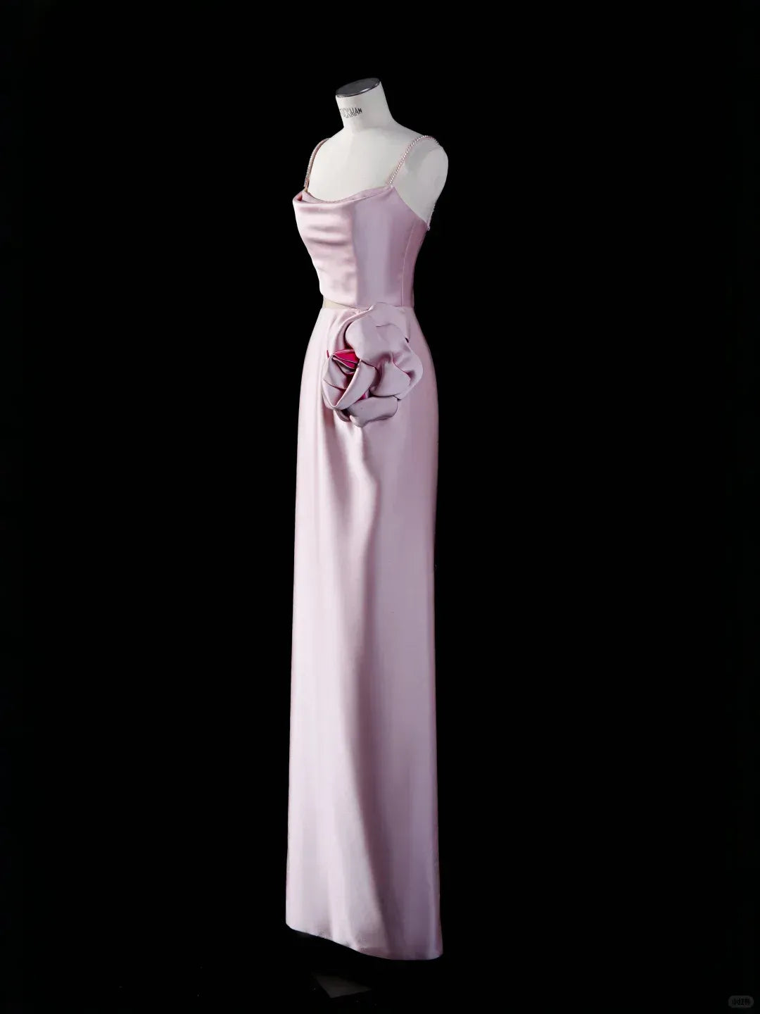 Spaghetti Strap Cowl Neck Evening Dress with 3D Floral Waist Accent & Maxi Length