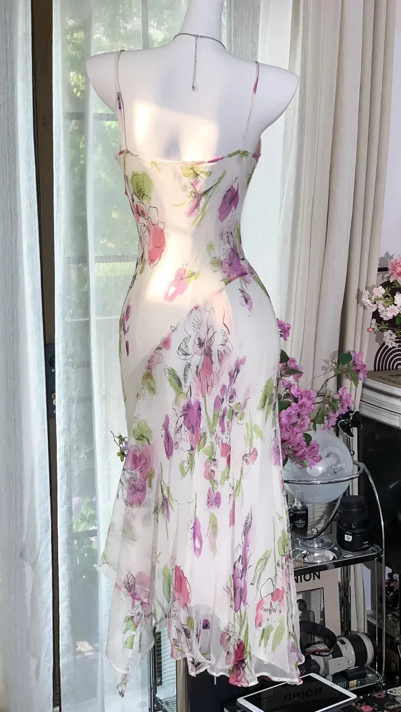 Spaghetti Strap Cowl Neck Mermaid Gown with Ruffle Hem & Backless Design