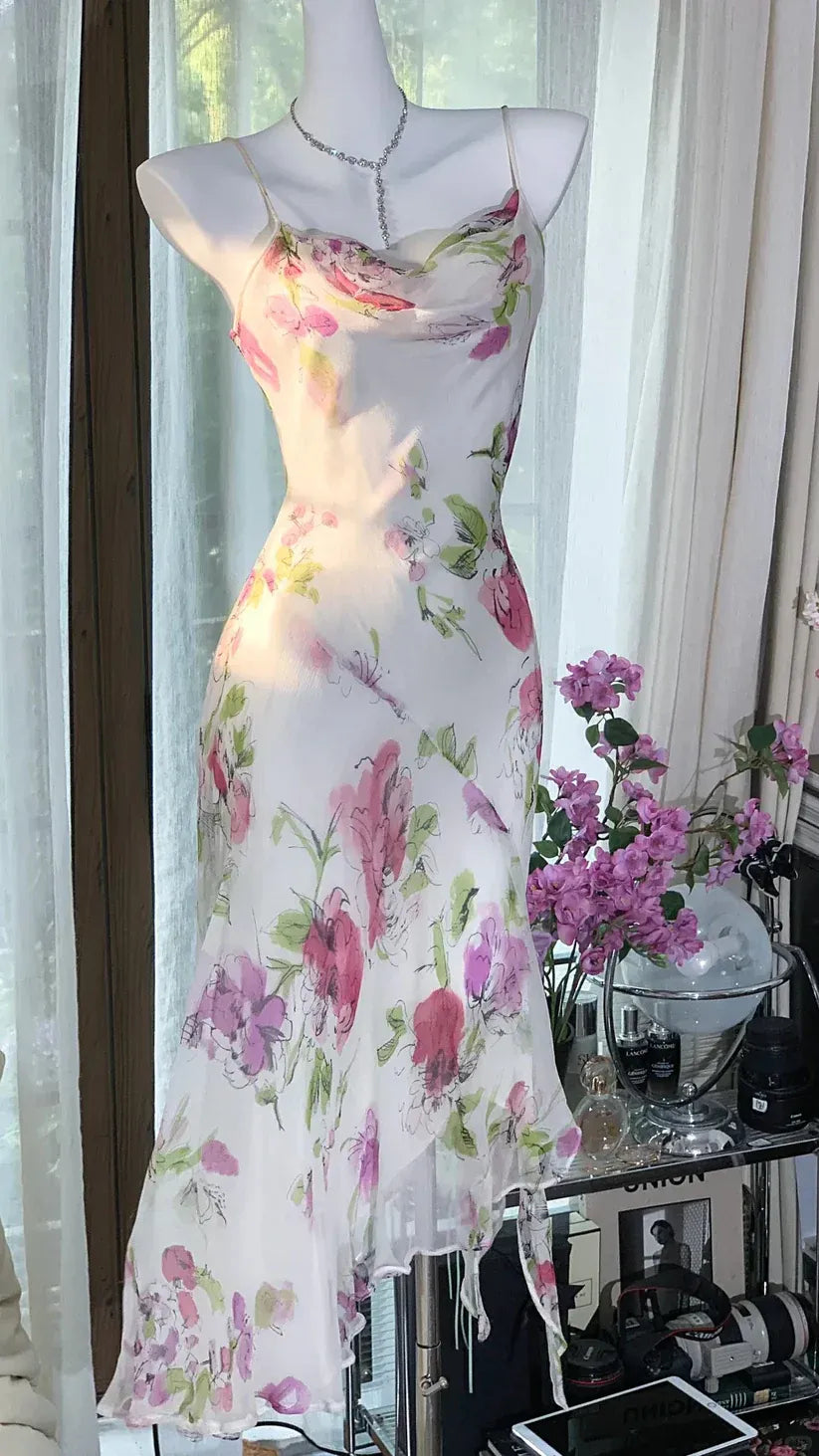 Spaghetti Strap Cowl Neck Mermaid Gown with Ruffle Hem & Backless Design