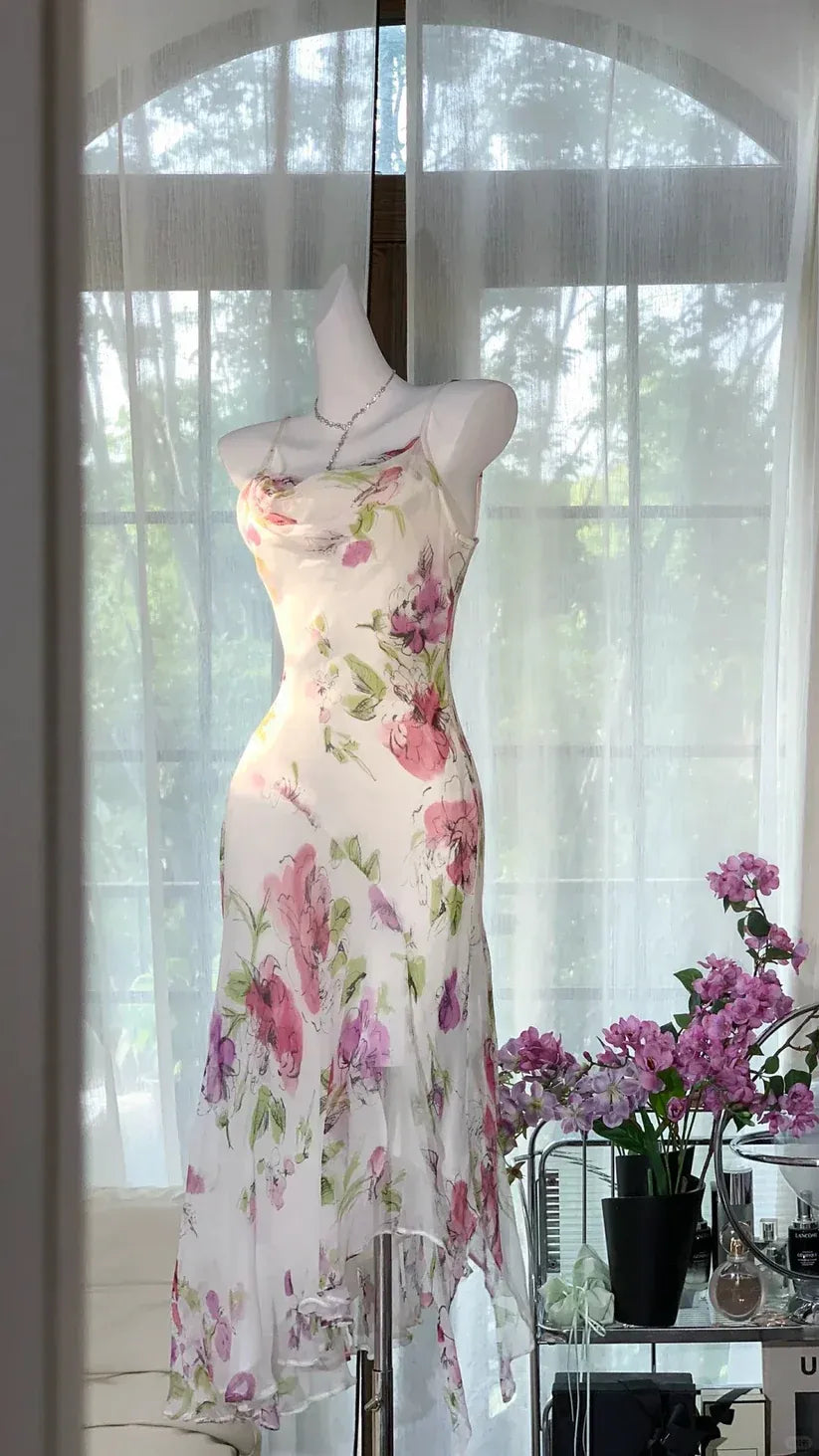 Spaghetti Strap Cowl Neck Mermaid Gown with Ruffle Hem & Backless Design