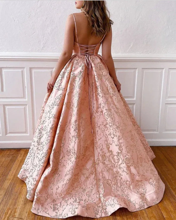 Spaghetti Strap Deep V-Neck Lace-Up Back Evening Dress with Floral Embroidery