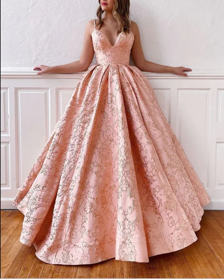 Spaghetti Strap Deep V-Neck Lace-Up Back Evening Dress with Floral Embroidery