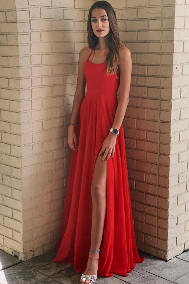 Spaghetti Strap High Slit Maxi Dress with Open Back & A-Line Silhouette