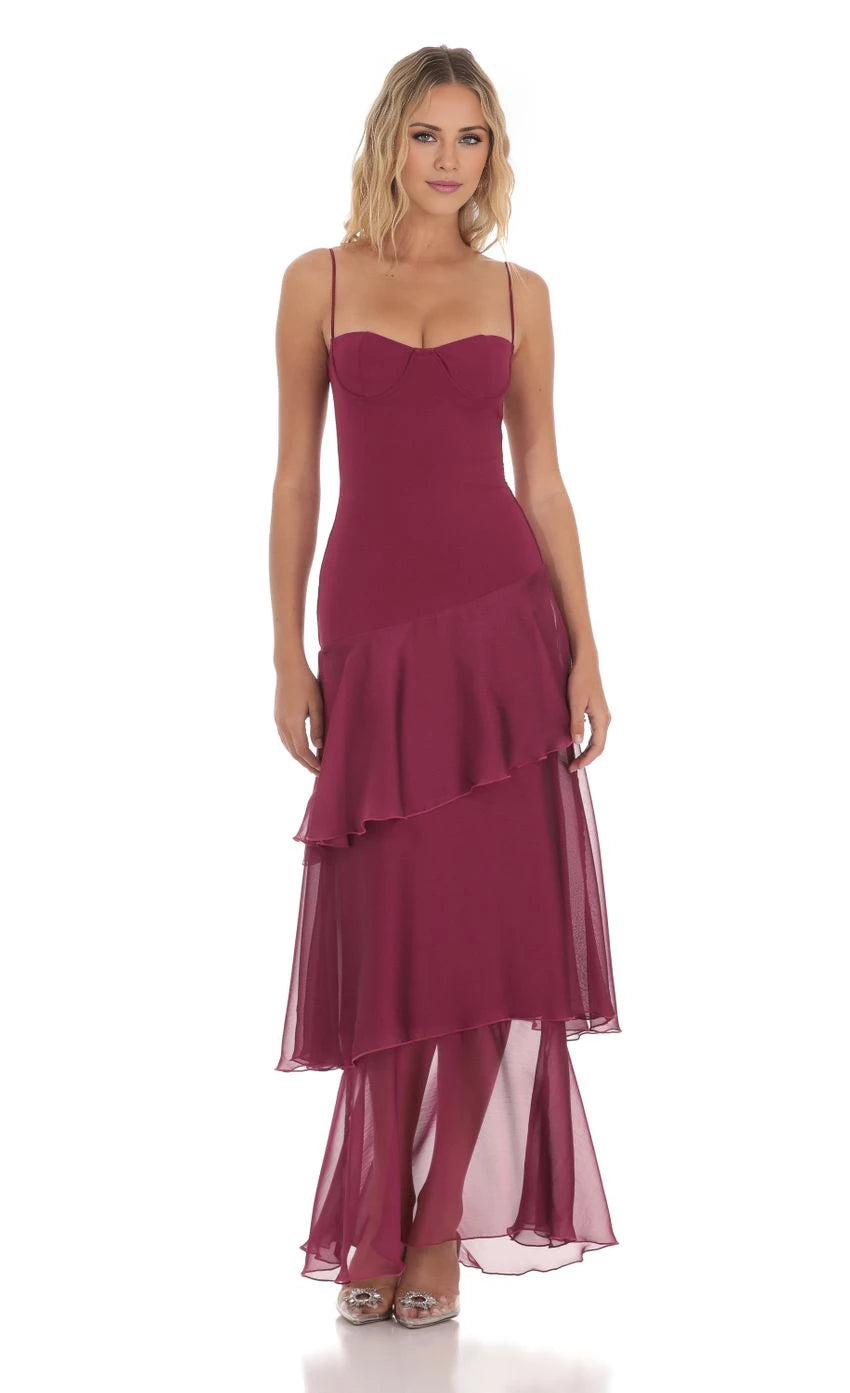 Spaghetti Strap Long Ruffle Maxi Dress Prom Dresses