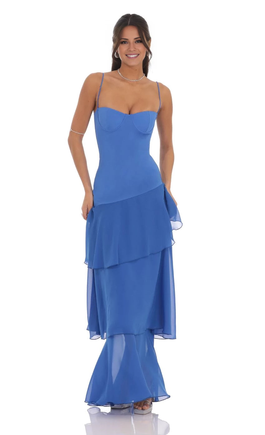 Spaghetti Strap Long Ruffle Maxi Dress Prom Dresses