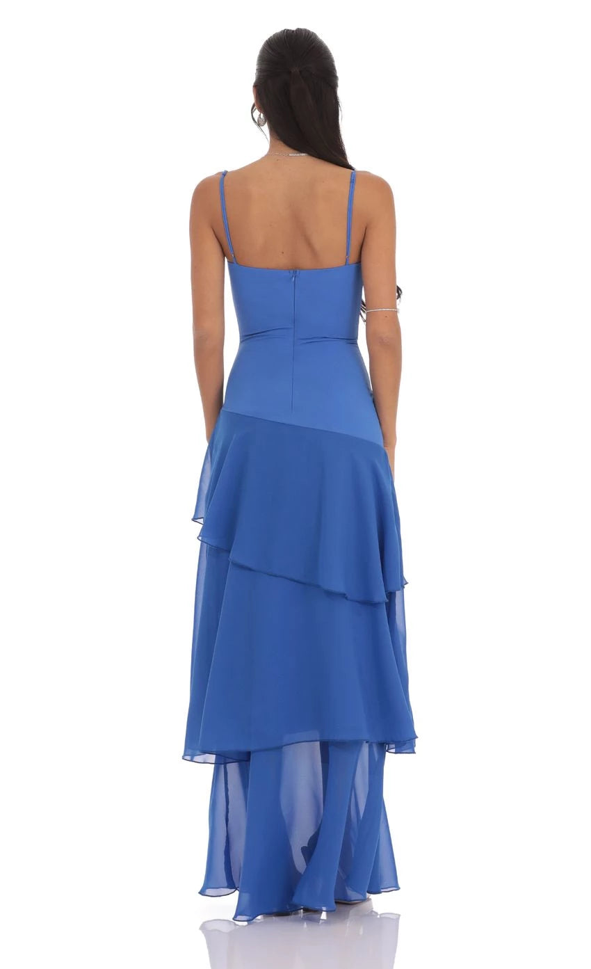 Spaghetti Strap Long Ruffle Maxi Dress Prom Dresses