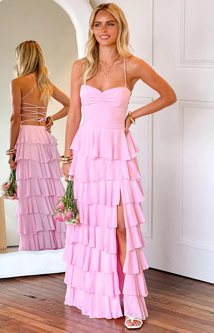 Spaghetti Strap Ruffle Maxi Dress Prom Dresses