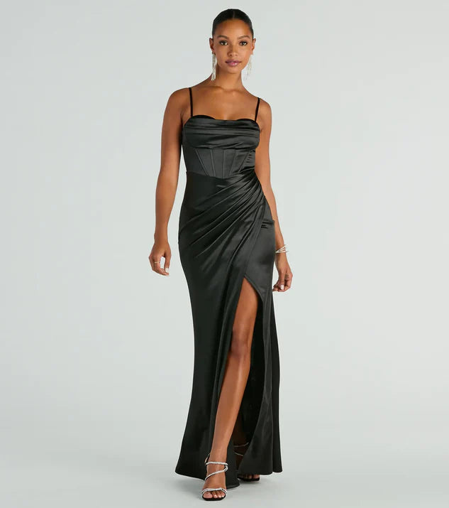 Spaghetti Strap Satin Corset Wrap Formal Dress Evening Dress