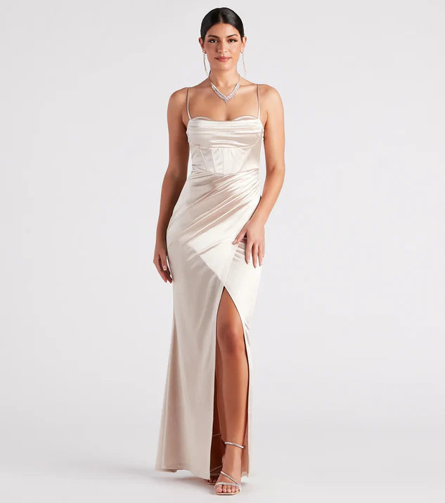 Spaghetti Strap Satin Corset Wrap Formal Dress Evening Dress