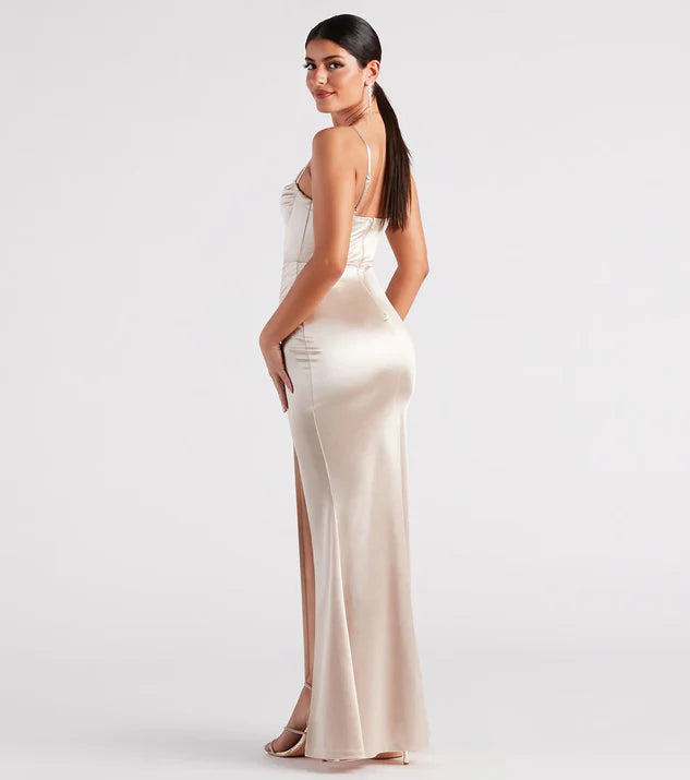 Spaghetti Strap Satin Corset Wrap Formal Dress Evening Dress