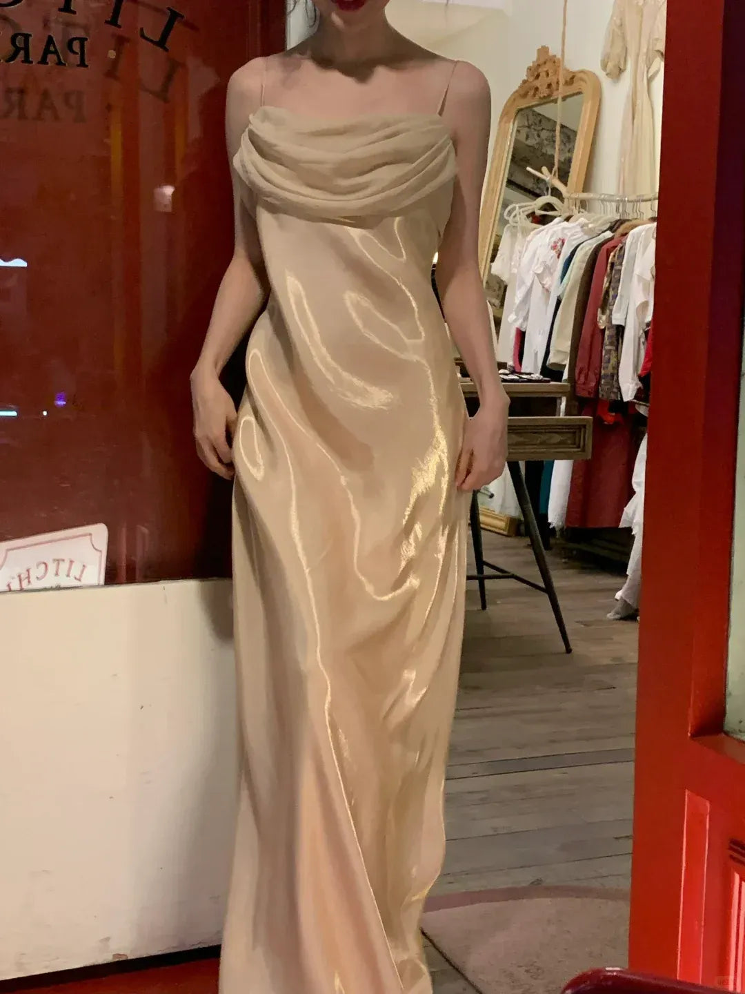 Spaghetti Strap Satin Evening Dress with Draped Bodice