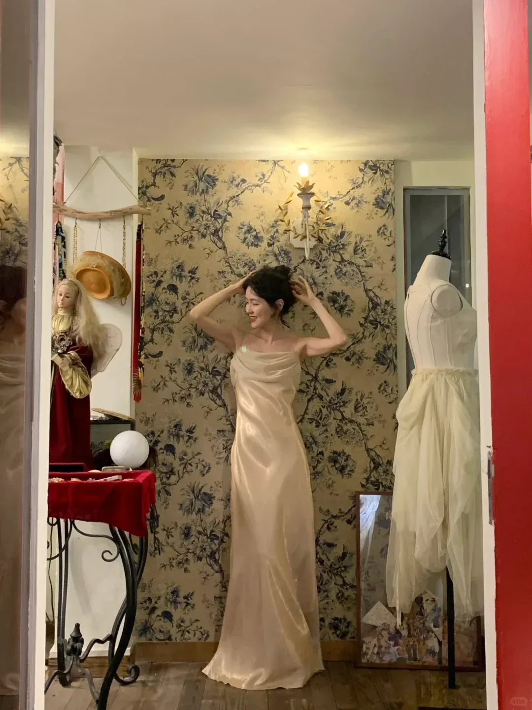 Spaghetti Strap Satin Evening Dress with Draped Bodice