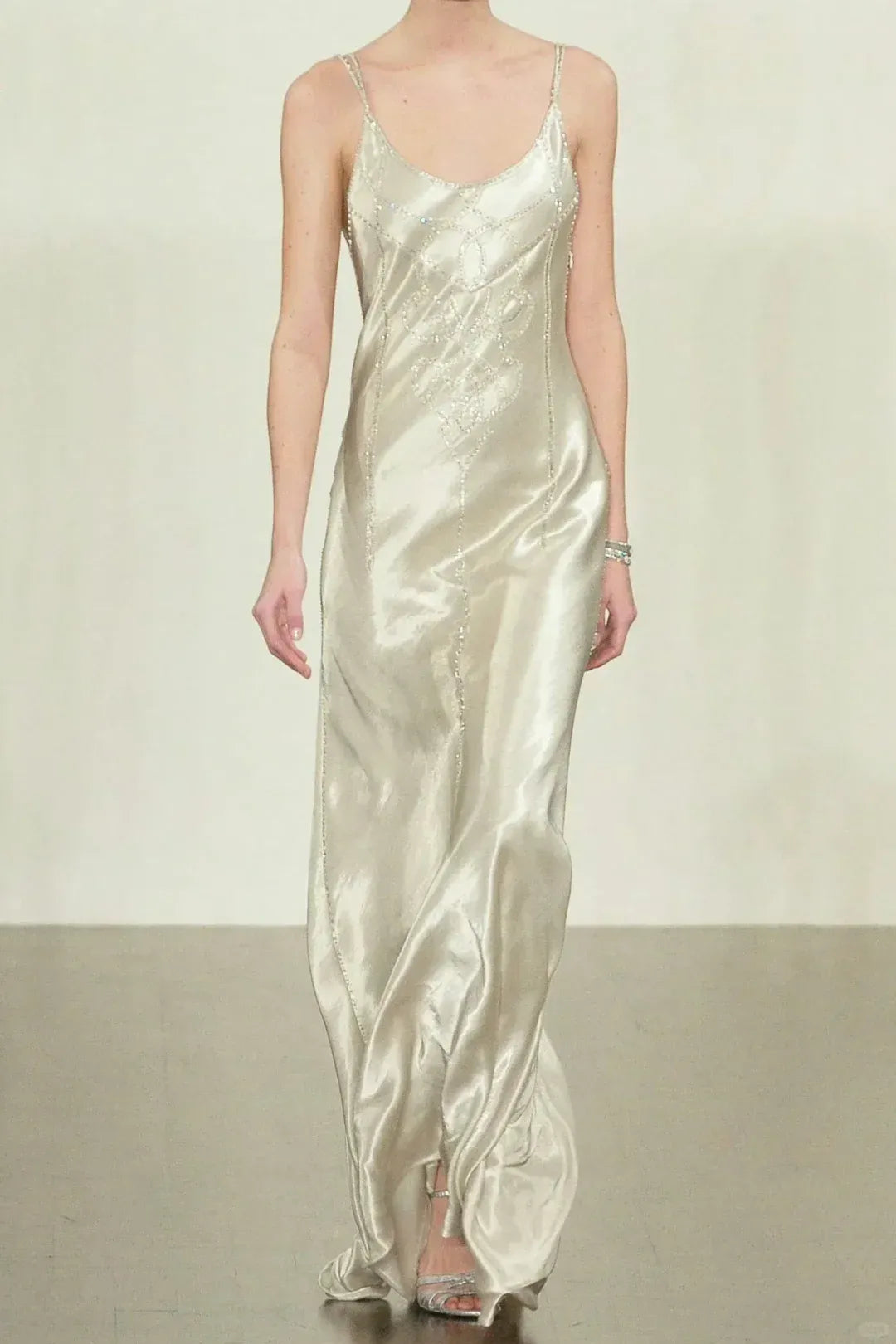 Spaghetti Strap Scoop Neck Column Dress with Art Deco Embroidery
