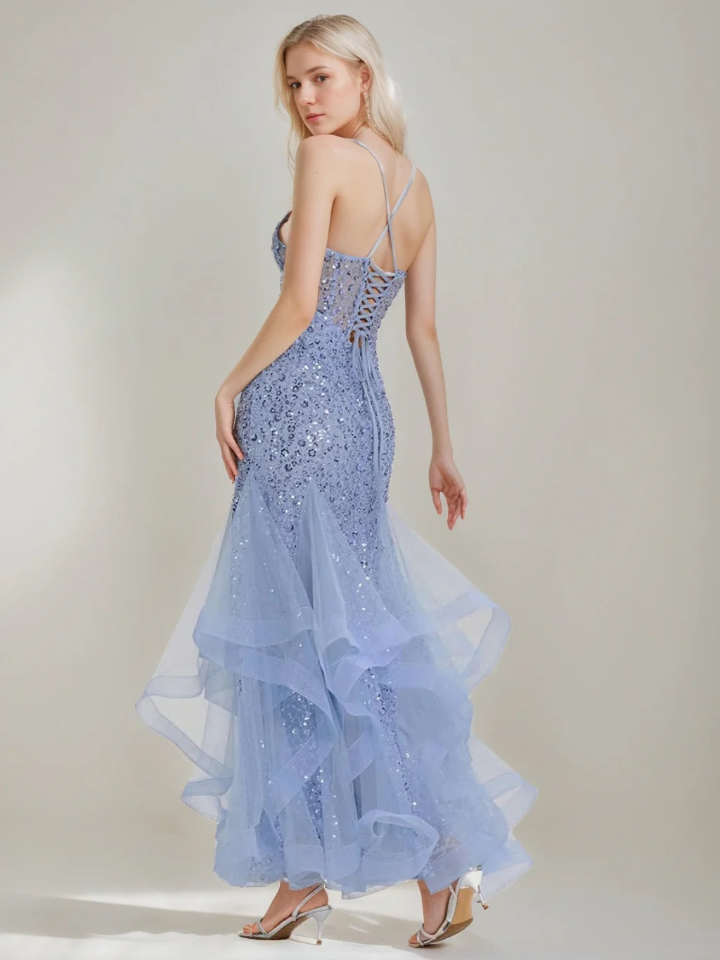 Spaghetti Strap Sequin Mermaid Evening Dress Tiered Tulle Ruffle Lace Up Back Formal Gown