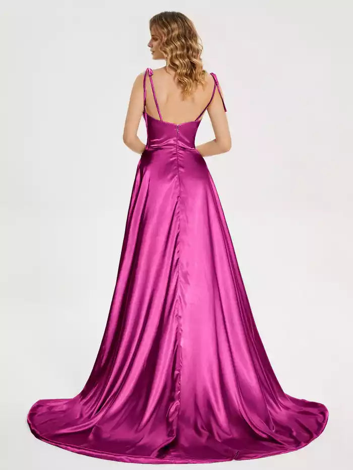 Spaghetti Strap Soft Satin Floor Length Prom Dress with Slit