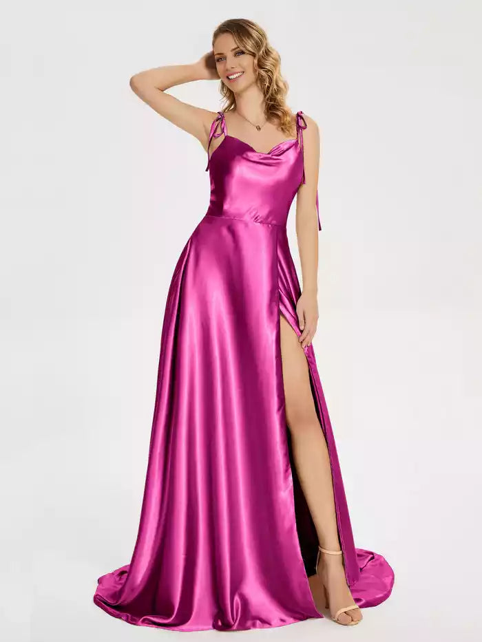 Spaghetti Strap Soft Satin Floor Length Prom Dress with Slit