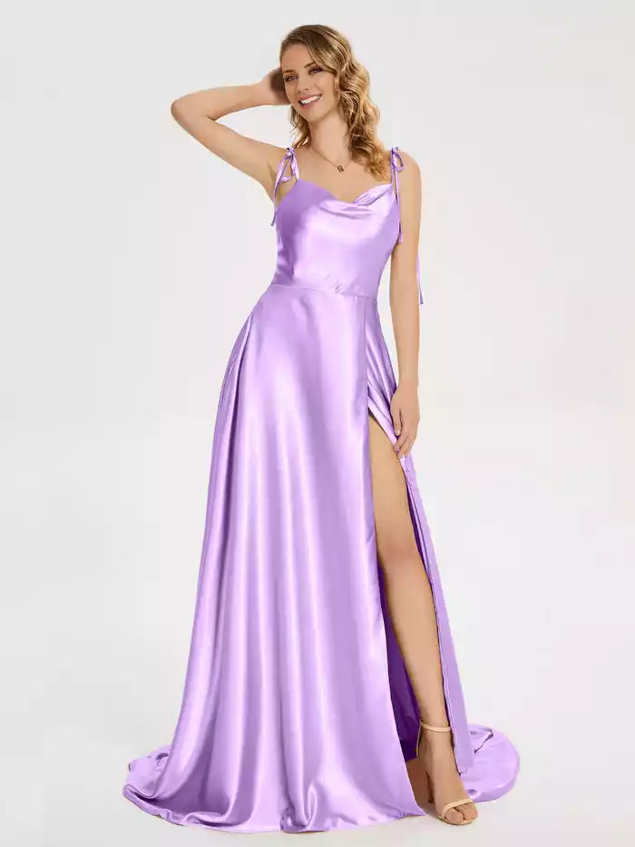 Spaghetti Strap Soft Satin Floor Length Prom Dress with Slit