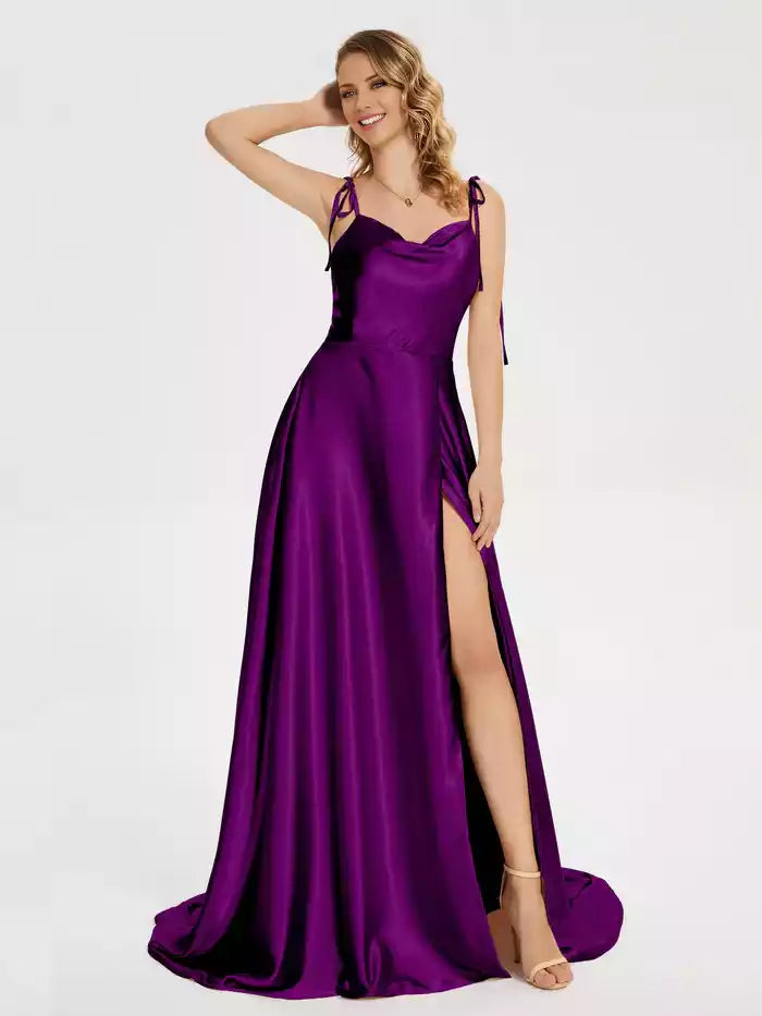 Spaghetti Strap Soft Satin Floor Length Prom Dress with Slit