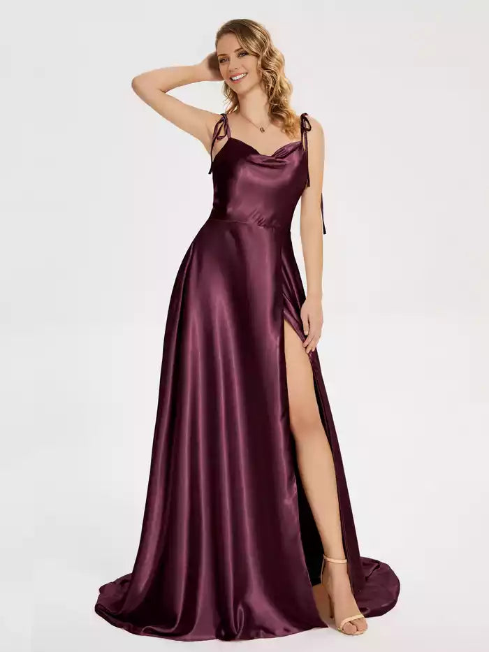 Spaghetti Strap Soft Satin Floor Length Prom Dress with Slit