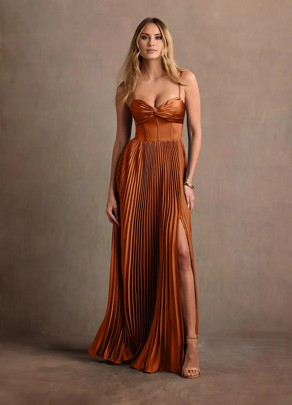 Spaghetti Strap Split Fork Pleated Maxi Dress Evening Dresses