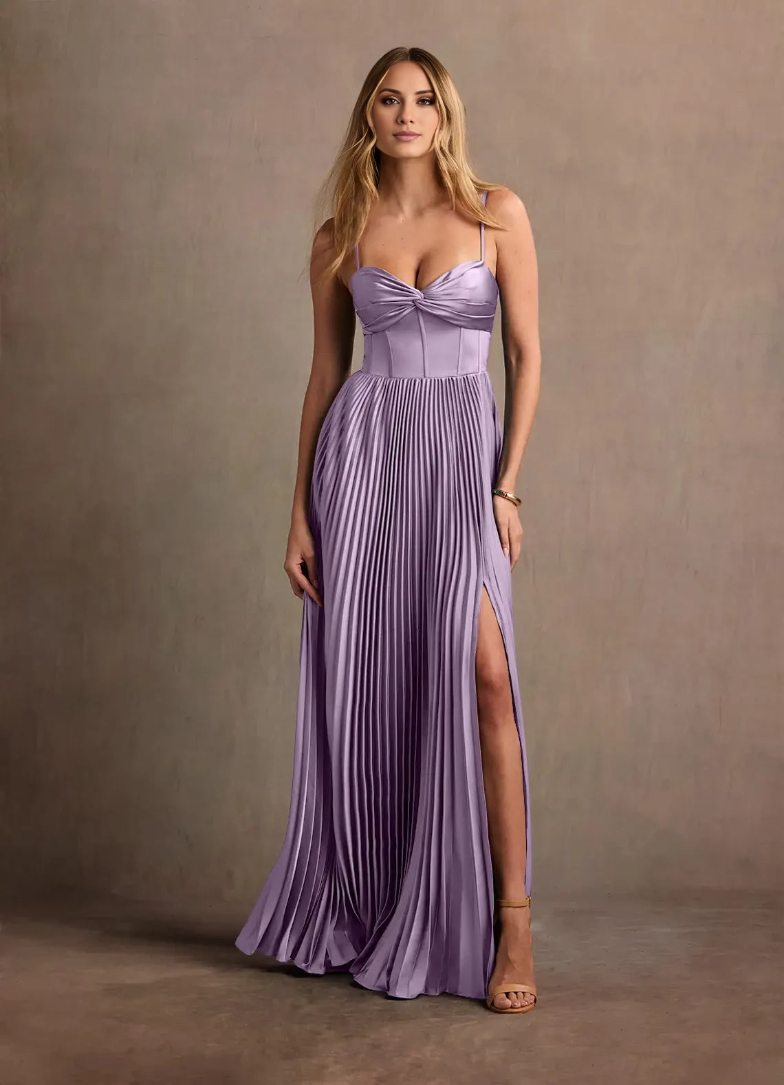 Spaghetti Strap Split Fork Pleated Maxi Dress Evening Dresses