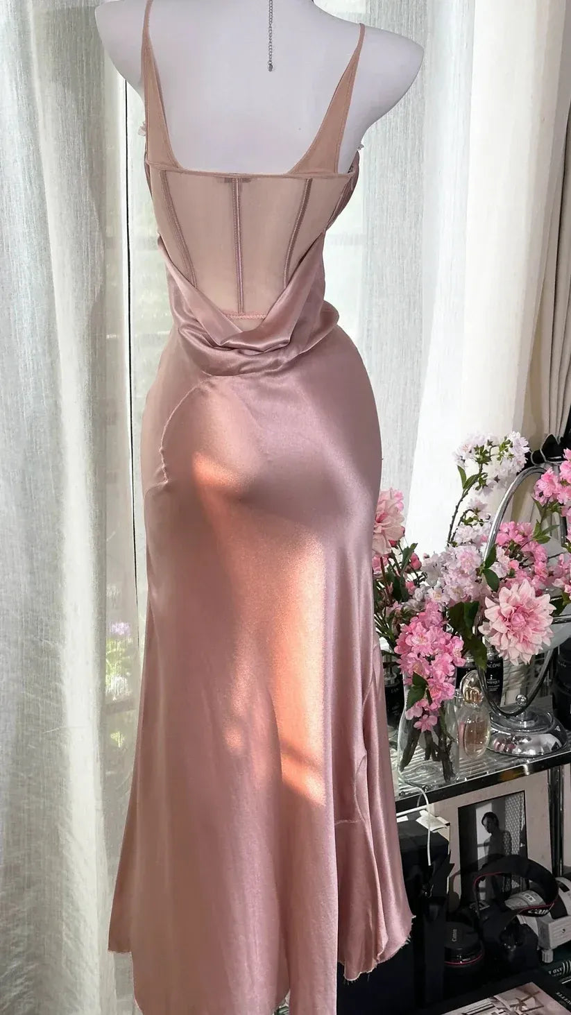 Spaghetti Strap Sweetheart Neck Backless Evening Dress with Ruffle Slit