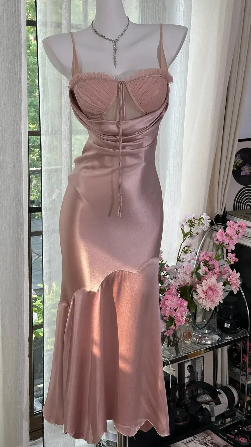 Spaghetti Strap Sweetheart Neck Backless Evening Dress with Ruffle Slit