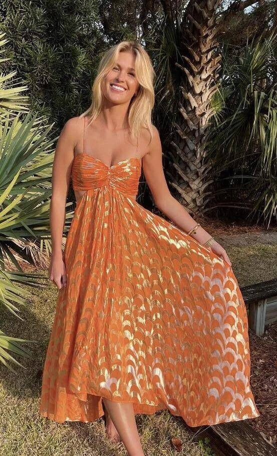Spaghetti Strap Sweetheart Neck Cut-Out Evening Dress with Flowy Skirt & Midi Length