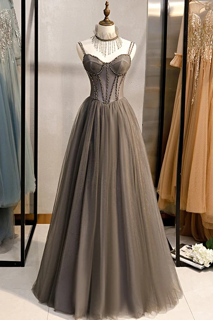 Spaghetti Strap Sweetheart Neck Lace-Up Back Evening Dress with Maxi Length