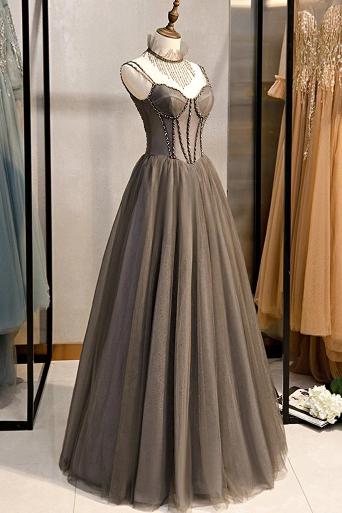 Spaghetti Strap Sweetheart Neck Lace-Up Back Evening Dress with Maxi Length