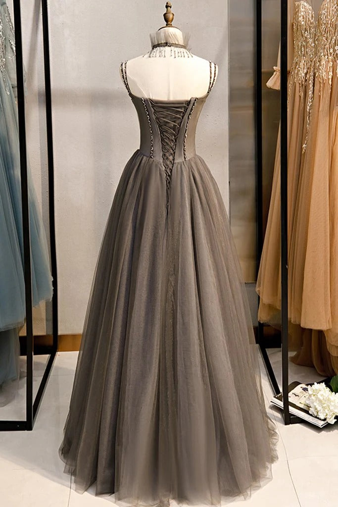 Spaghetti Strap Sweetheart Neck Lace-Up Back Evening Dress with Maxi Length