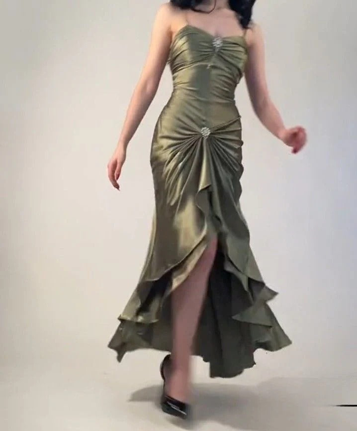 Spaghetti Strap Sweetheart Neck Ruched Mermaid Gown with Ruffle Slit