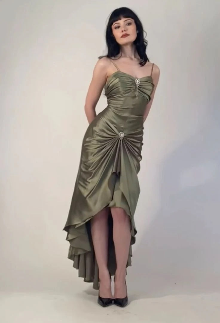 Spaghetti Strap Sweetheart Neck Ruched Mermaid Gown with Ruffle Slit