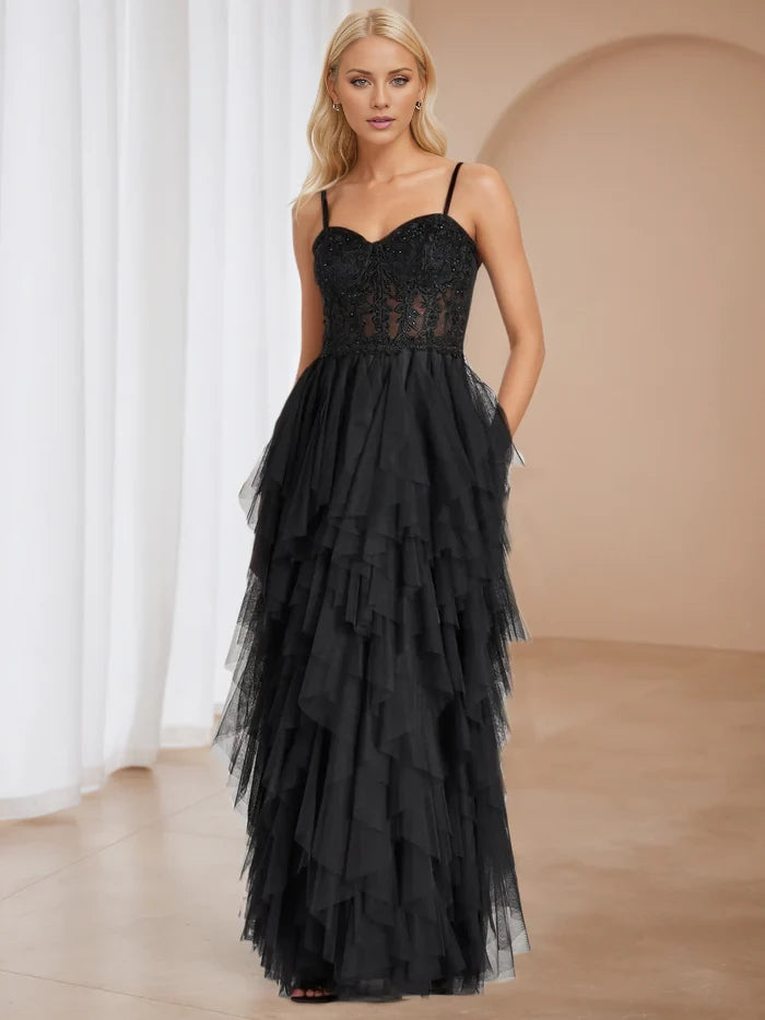 Spaghetti Strap Tulle A-Line Appliques Prom Dresses