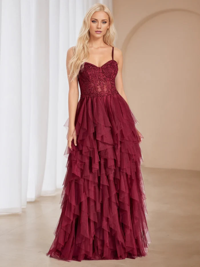 Spaghetti Strap Tulle A-Line Appliques Prom Dresses