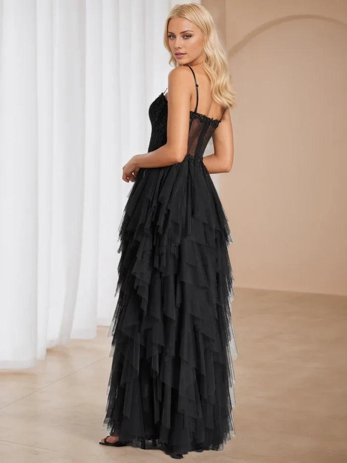 Spaghetti Strap Tulle A-Line Appliques Prom Dresses