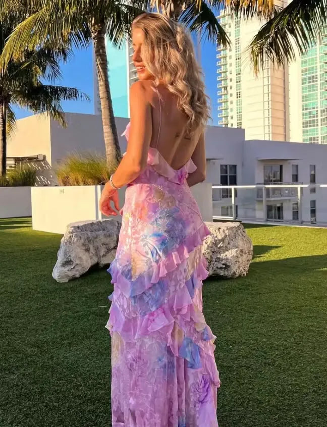 Spaghetti Strap V-Neck Backless Evening Dress with Layered Ruffle Slit & Maxi Length