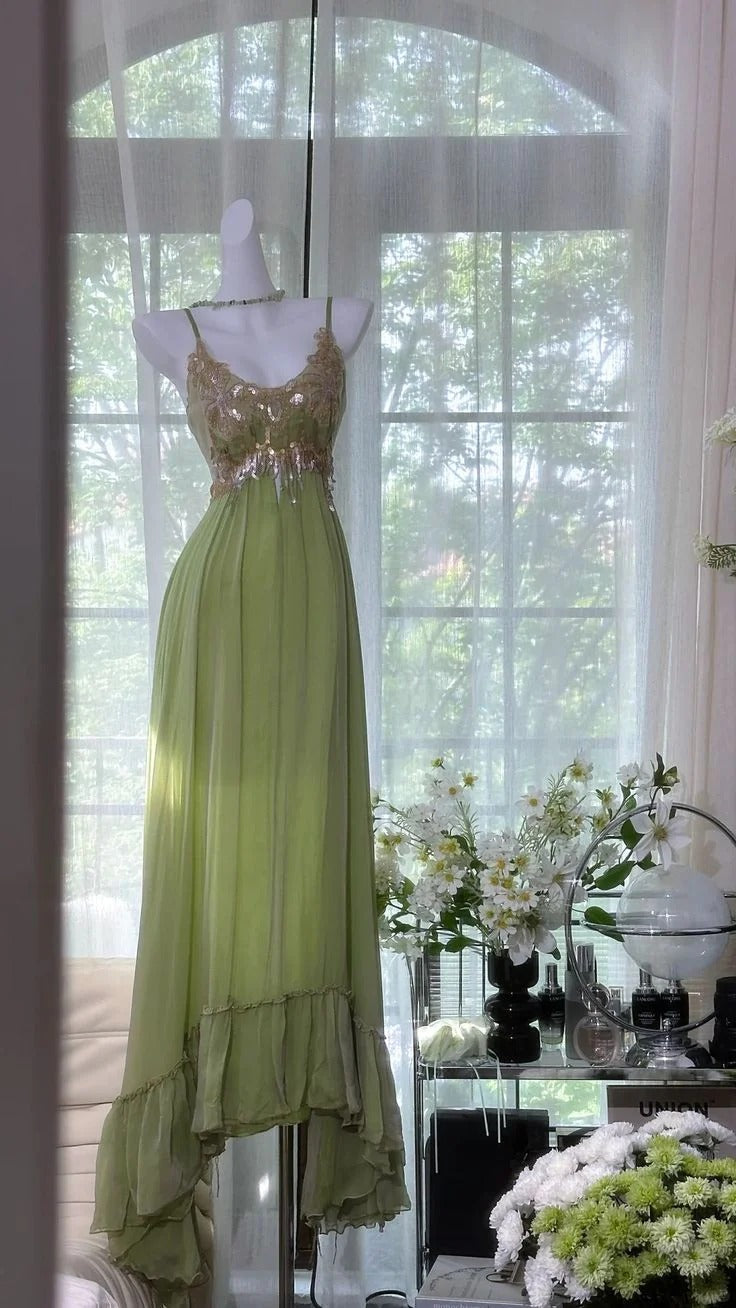 Spaghetti Strap V-Neck Evening Gown with Ruffle Hem & Backless Design