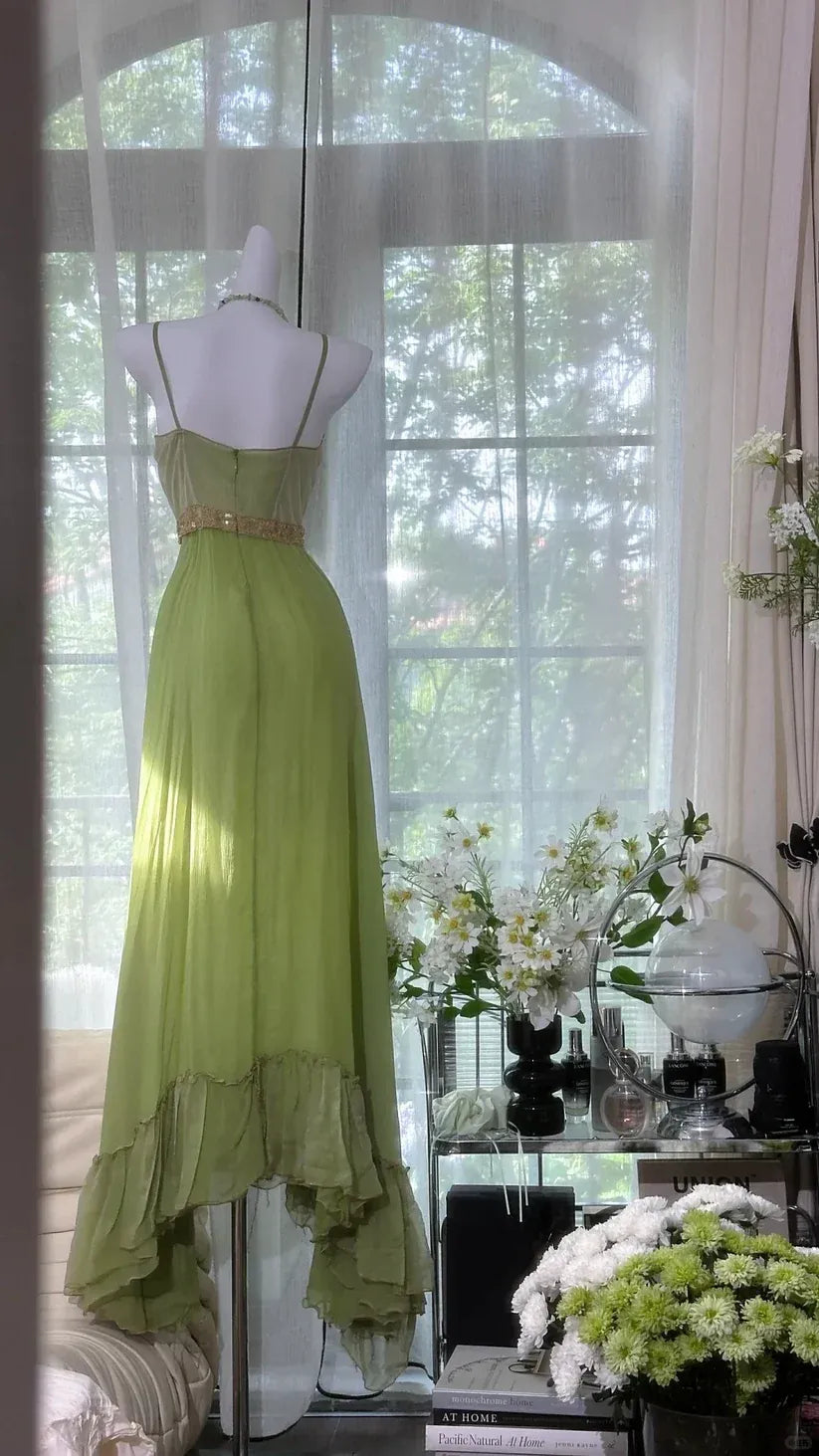 Spaghetti Strap V-Neck Evening Gown with Ruffle Hem & Backless Design