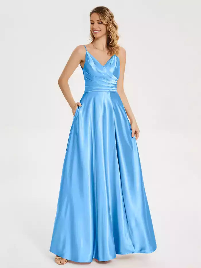 Spaghetti Strap V neck Pleated Soft Satin Prom Dress with Slit