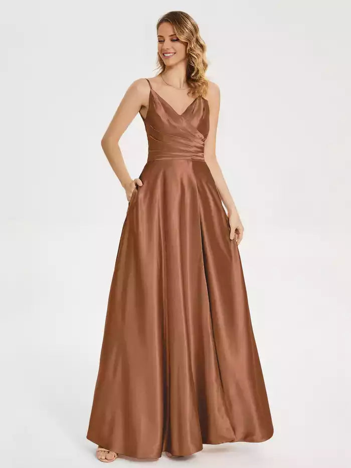 Spaghetti Strap V neck Pleated Soft Satin Prom Dress with Slit