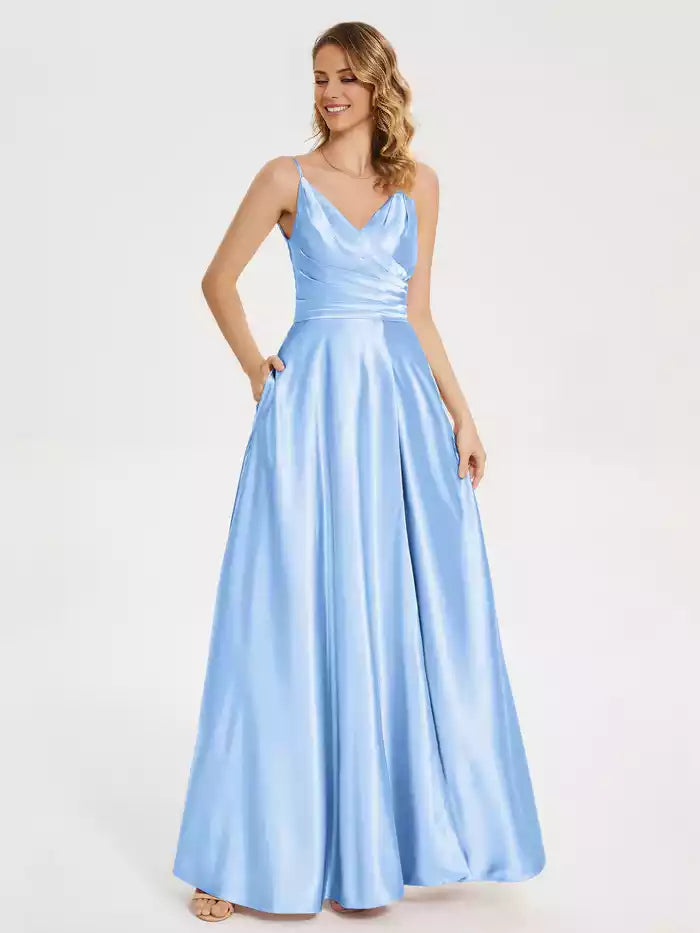 Spaghetti Strap V neck Pleated Soft Satin Prom Dress with Slit
